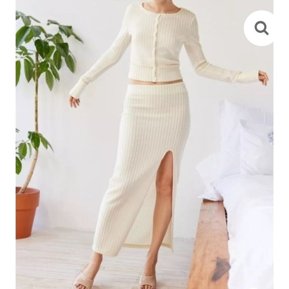 UO Out From Under Suki Ribbed Cardigan Crop Sweater Maxi Skirt Set Small Ivory
